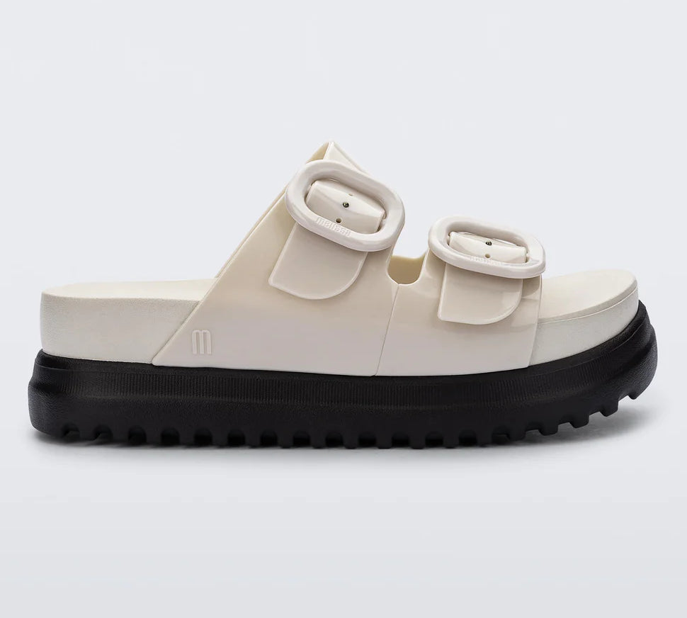 white and black platform slip on slide sandals with buckle straps side