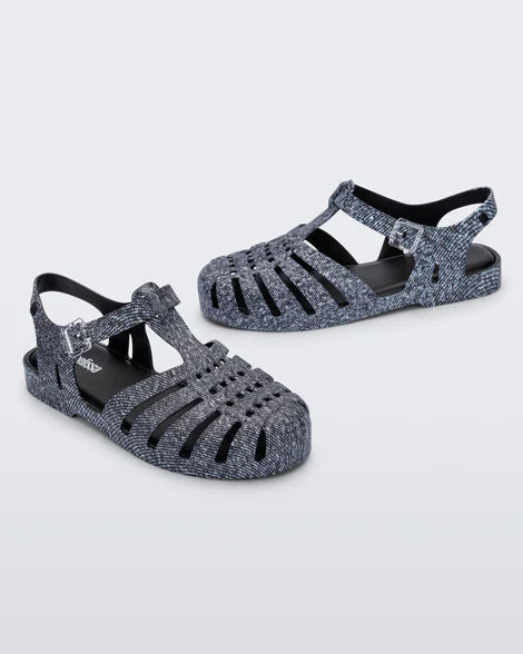 dark denim print sandal low profile with buckle pair