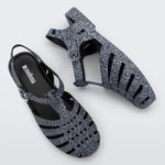 dark denim print sandal low profile with buckle pair front side