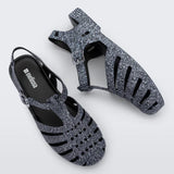 dark denim print sandal low profile with buckle pair front side