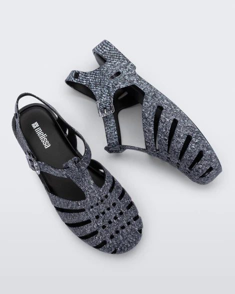 dark denim print sandal low profile with buckle pair front side