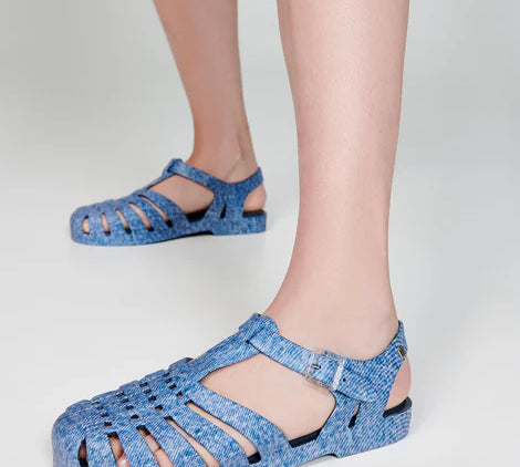 denim print sandal low profile with buckle pair on model