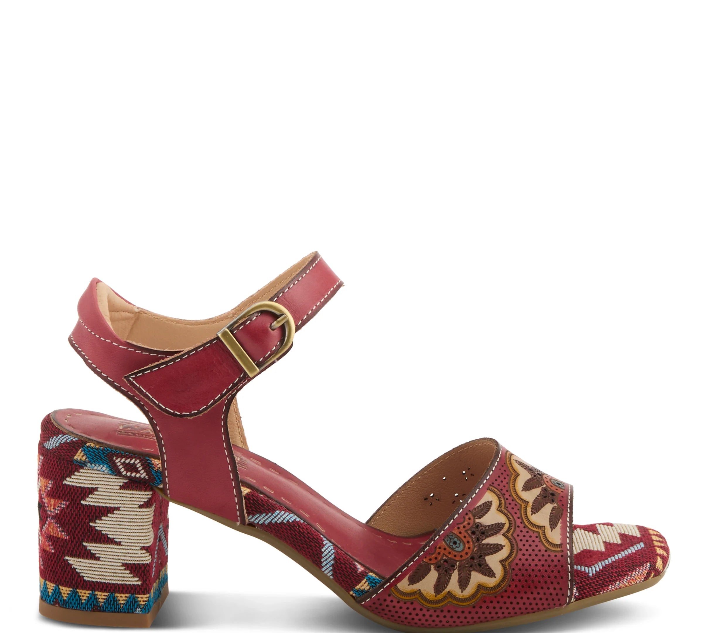 block heel sandal with strap and aztec inspired design in red profile