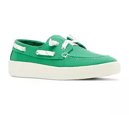 low profile green canvas boat shoe sneaker with white laces side profile