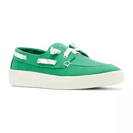 low profile green canvas boat shoe sneaker with white laces side profile