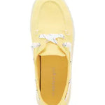 low profile yellow canvas boat shoe sneaker with white laces top