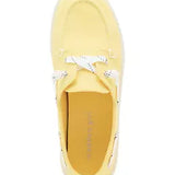 low profile yellow canvas boat shoe sneaker with white laces top