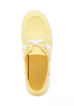 low profile yellow canvas boat shoe sneaker with white laces top