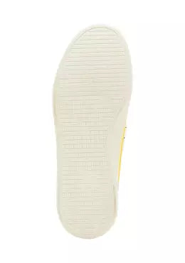 low profile yellow canvas boat shoe sneaker with white laces bottom
