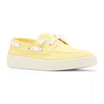 low profile yellow canvas boat shoe sneaker with white laces side