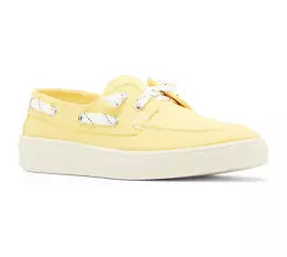 low profile yellow canvas boat shoe sneaker with white laces side