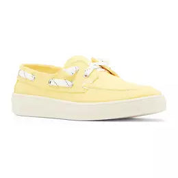 low profile yellow canvas boat shoe sneaker with white laces side