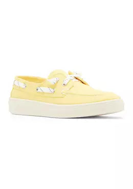 low profile yellow canvas boat shoe sneaker with white laces side
