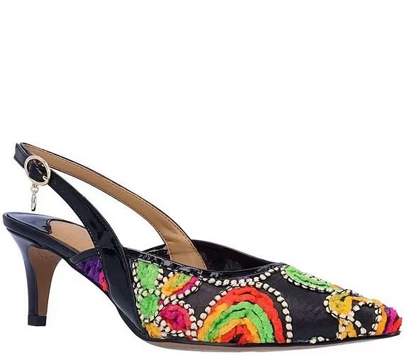 Black slingback heel with multi-color detail and buckle strap side profile