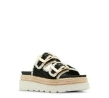 black and white slip on slide platform sandal with gold buckle details side view