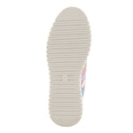 Multi-color perforated sneaker with geometric design and laces. Made from high quality leather and rubber bottom