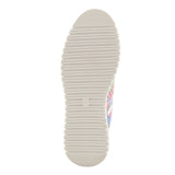 Multi-color perforated sneaker with geometric design and laces. Made from high quality leather and rubber bottom