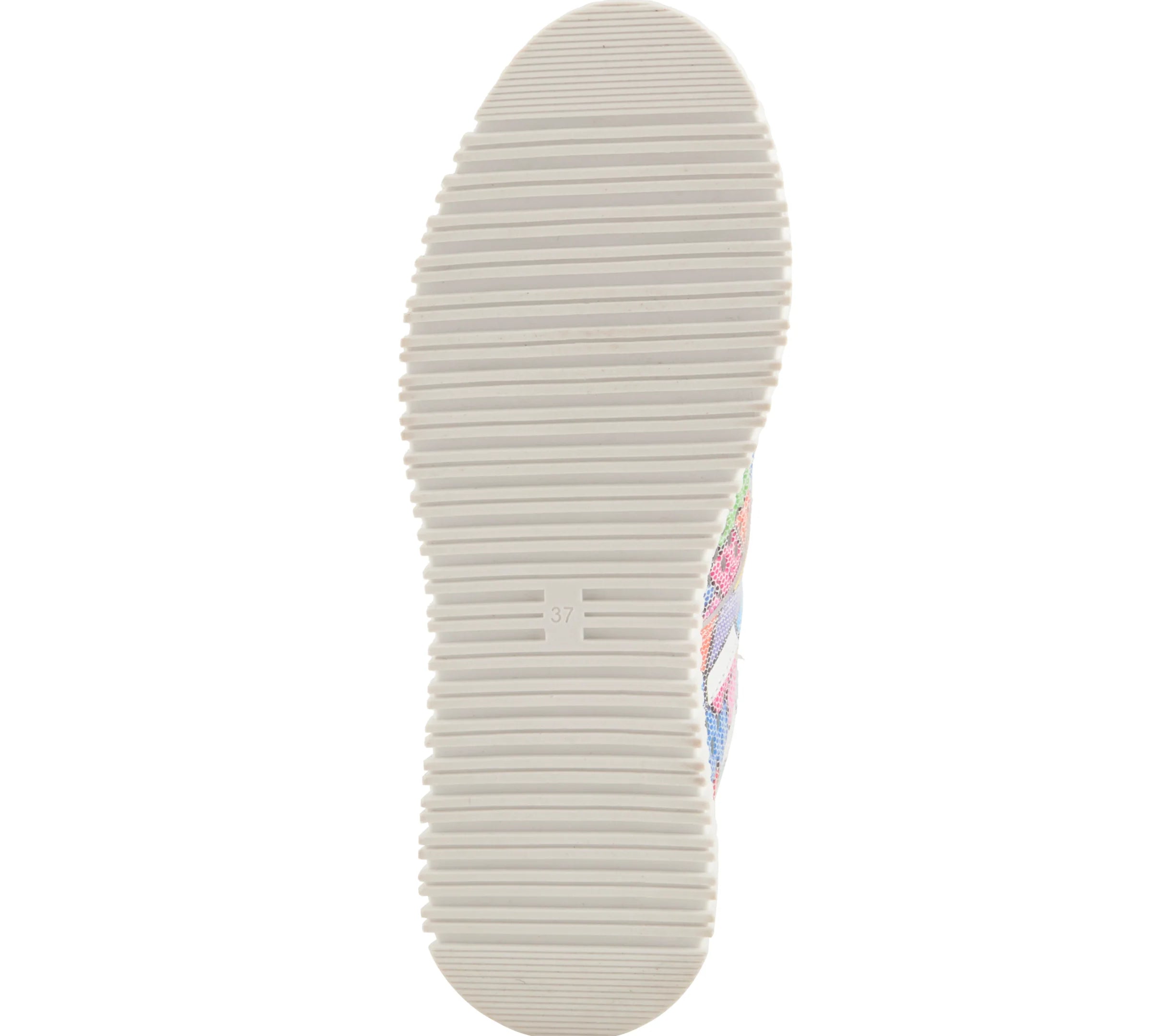 Multi-color perforated sneaker with geometric design and laces. Made from high quality leather and rubber bottom