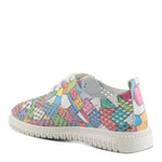 Multi-color perforated sneaker with geometric design and laces. Made from high quality leather and rubber back side