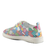 Multi-color perforated sneaker with geometric design and laces. Made from high quality leather and rubber back side
