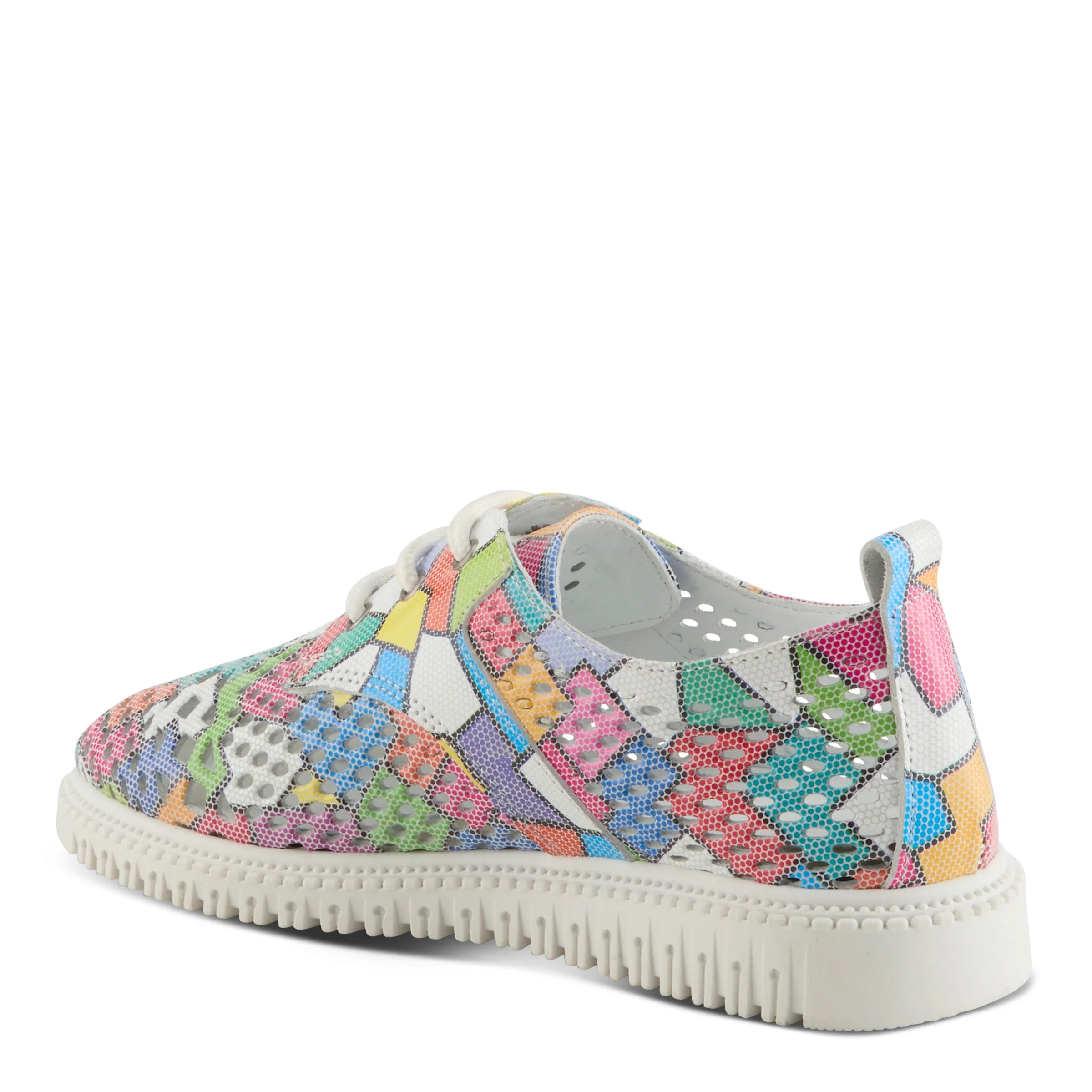 Multi-color perforated sneaker with geometric design and laces. Made from high quality leather and rubber back side