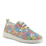 Multi-color perforated sneaker with geometric design and laces. Made from high quality leather and rubber front side