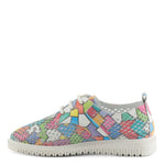 Multi-color perforated sneaker with geometric design and laces. Made from high quality leather and rubber side