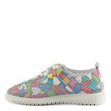 Multi-color perforated sneaker with geometric design and laces. Made from high quality leather and rubber side