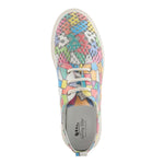 Multi-color perforated sneaker with geometric design and laces. Made from high quality leather and rubber top