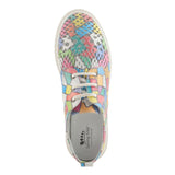 Multi-color perforated sneaker with geometric design and laces. Made from high quality leather and rubber top