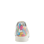 Multi-color perforated sneaker with geometric design and laces. Made from high quality leather and rubber back