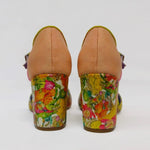 handmade floral peep toe heel with buckle strap back view of pair