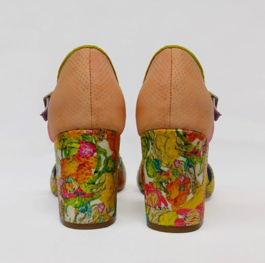 handmade floral peep toe heel with buckle strap back view of pair