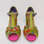 handmade floral peep toe heel with buckle strap front view of pair