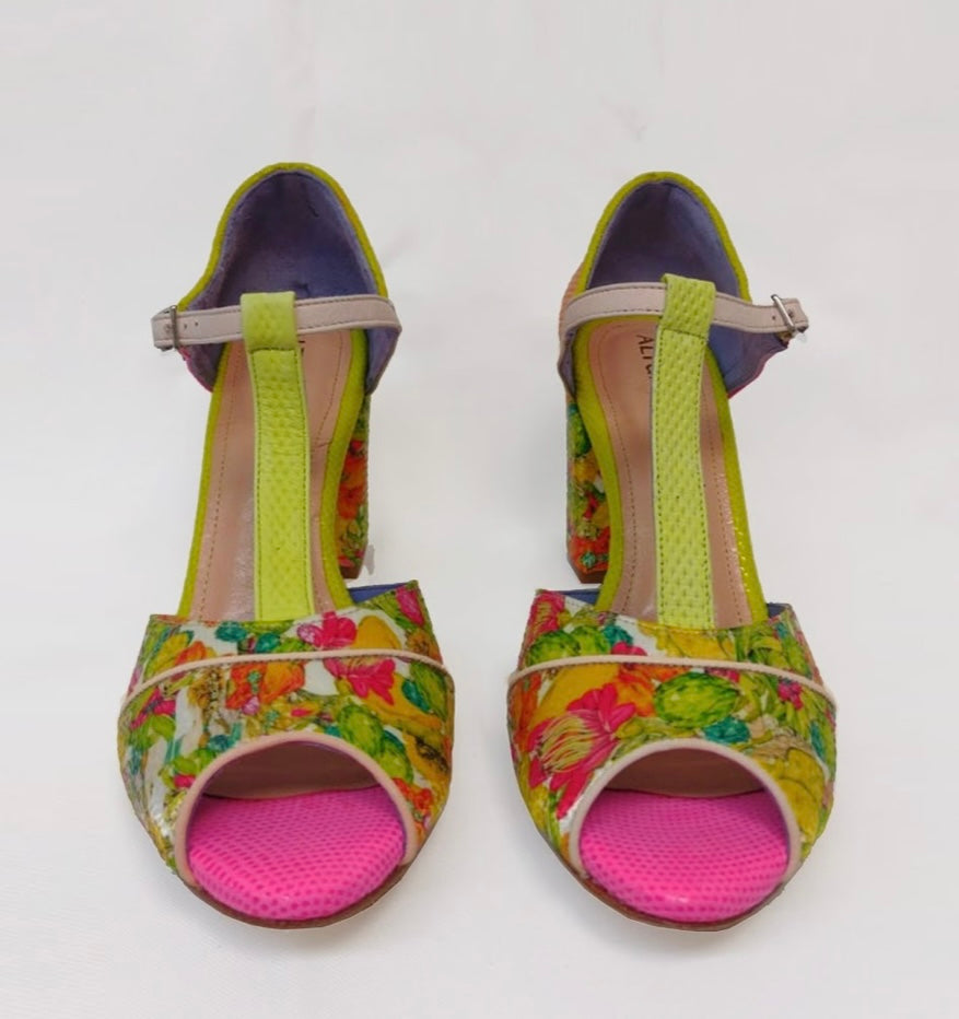 handmade floral peep toe heel with buckle strap front view of pair