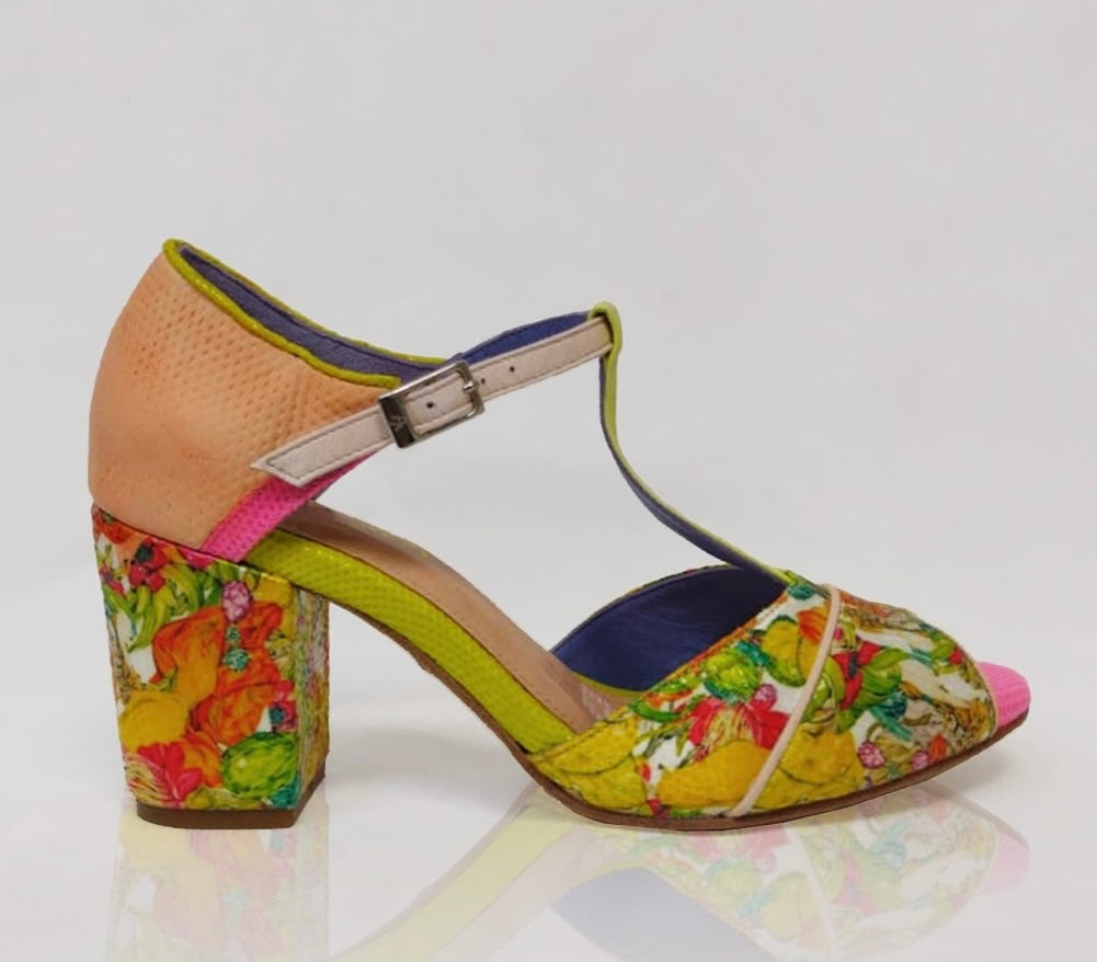 handmade floral peep toe heel with buckle strap close up