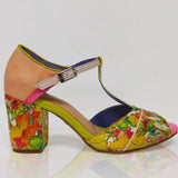 handmade floral peep toe heel with buckle strap close up