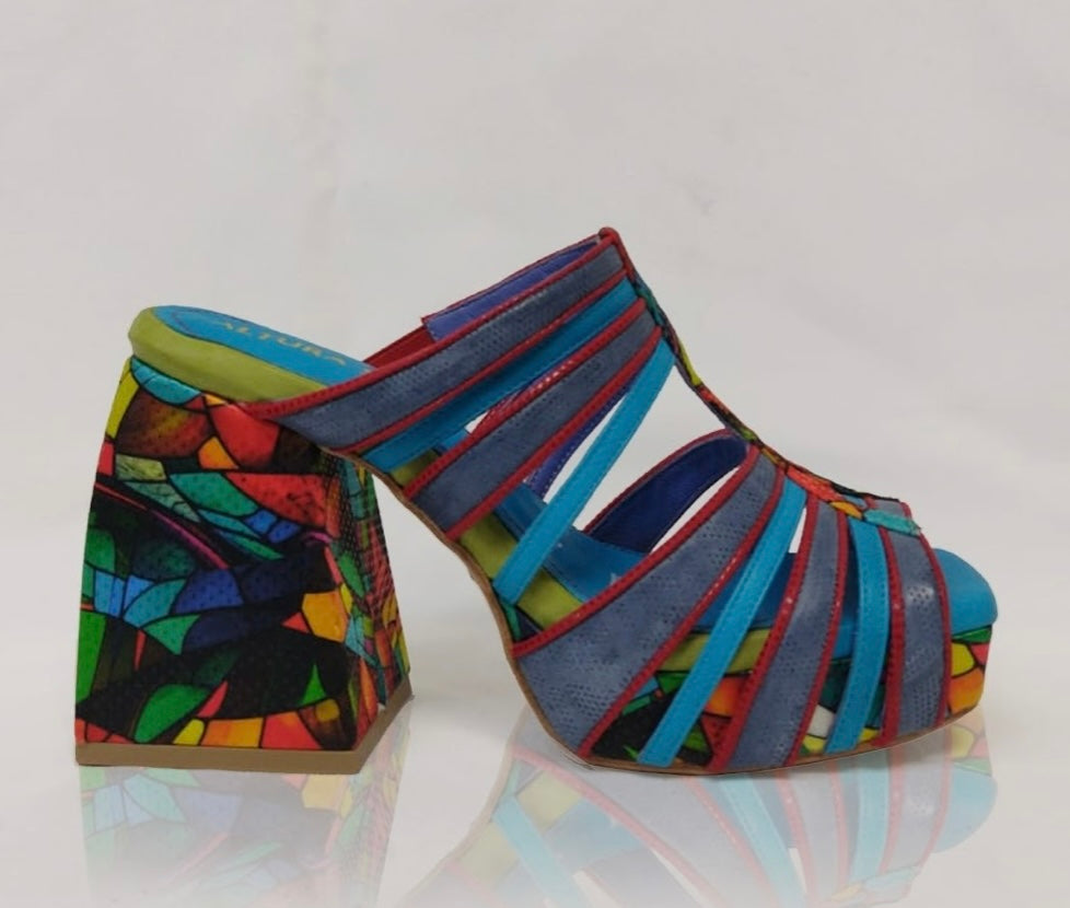 Handmade platform strappy multi-color open back slide heel close up detail
