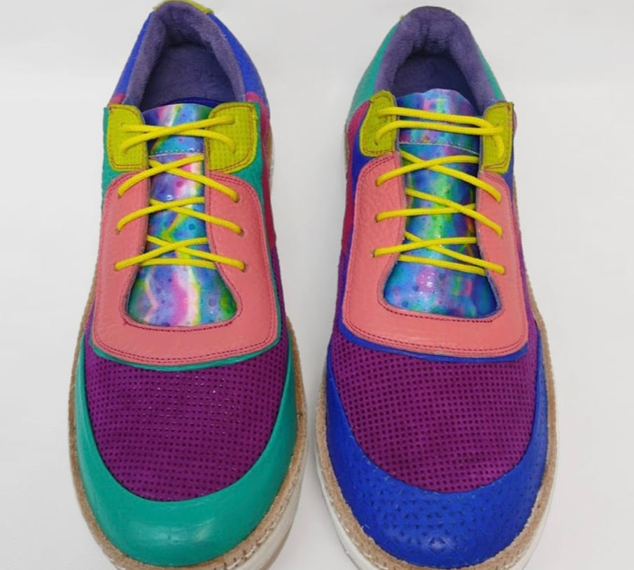 rainbow multi-color hand painted leather platform sneaker with yellow laces pair