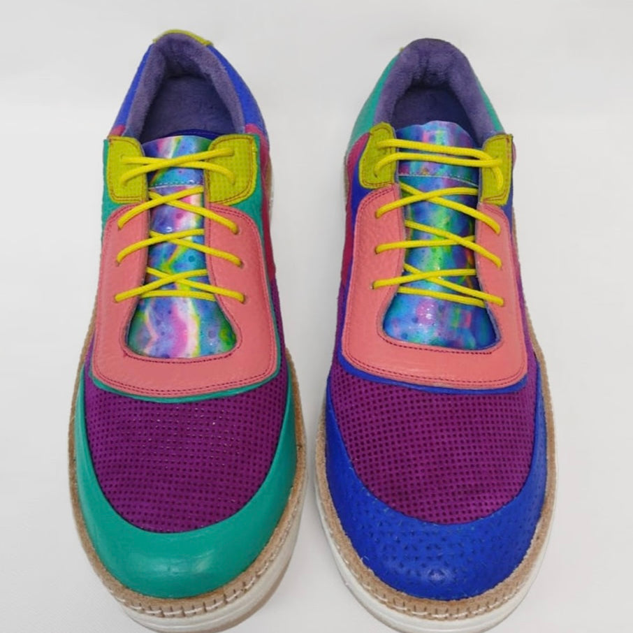rainbow multi-color hand painted leather platform sneaker with yellow laces pair