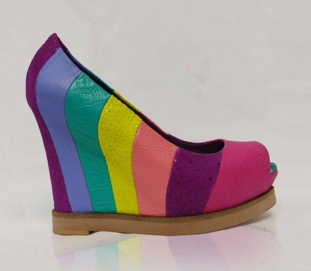 limited edition hand made rainbow multi-color peep toe wedge pump profile
