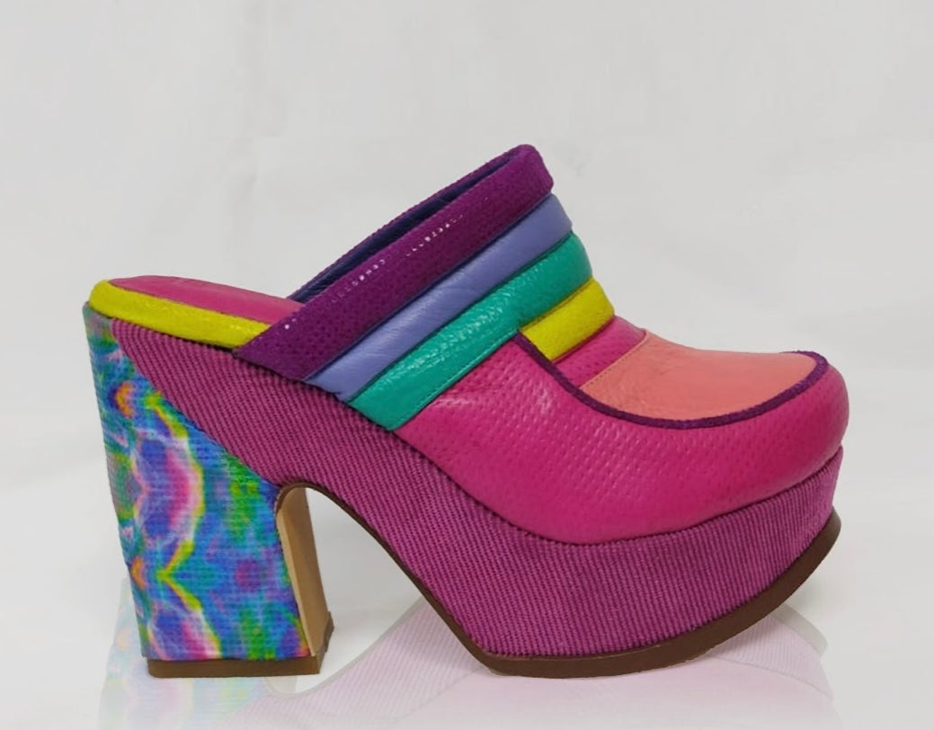 multi-color rainbow hand painted mule slip on clog with heel profile