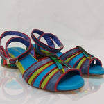 multi-colored strappy low heel sandal pair