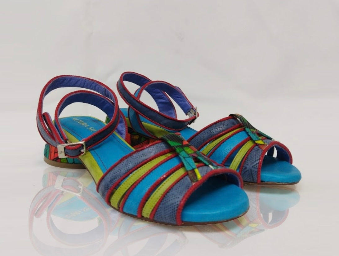 multi-colored strappy low heel sandal pair