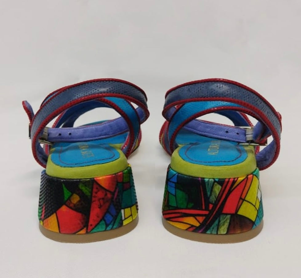 multi-colored strappy low heel sandal pair back