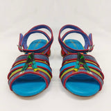 multi-colored strappy low heel sandal pair front
