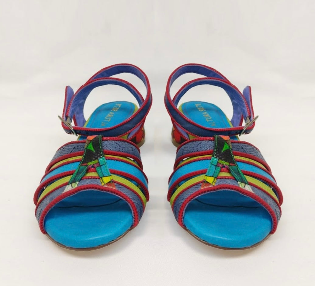 multi-colored strappy low heel sandal pair front