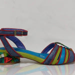 multi-colored strappy low heel sandal close up