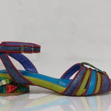 multi-colored strappy low heel sandal close up