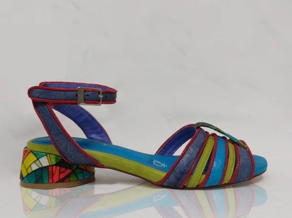 multi-colored strappy low heel sandal close up